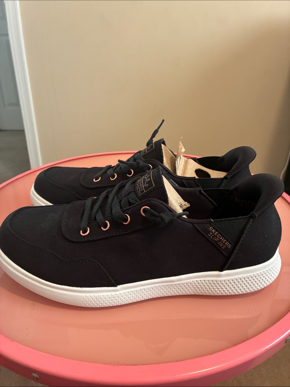 Skechers Black Canvas Slip-On Lace Sneakers with Rose Gold Eyelets
